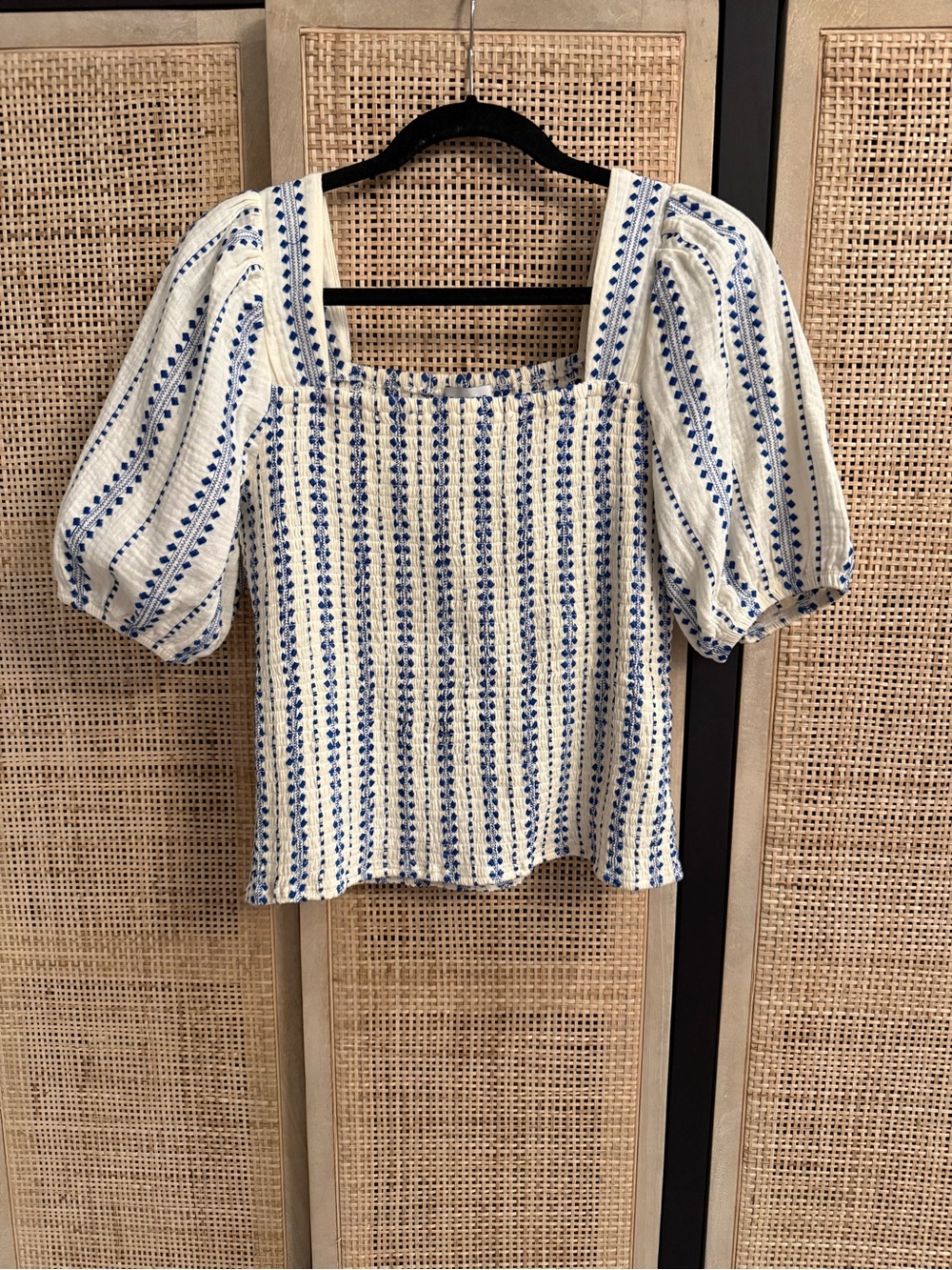 Evereve Cream Top with Blue Stripe & Dot Print
